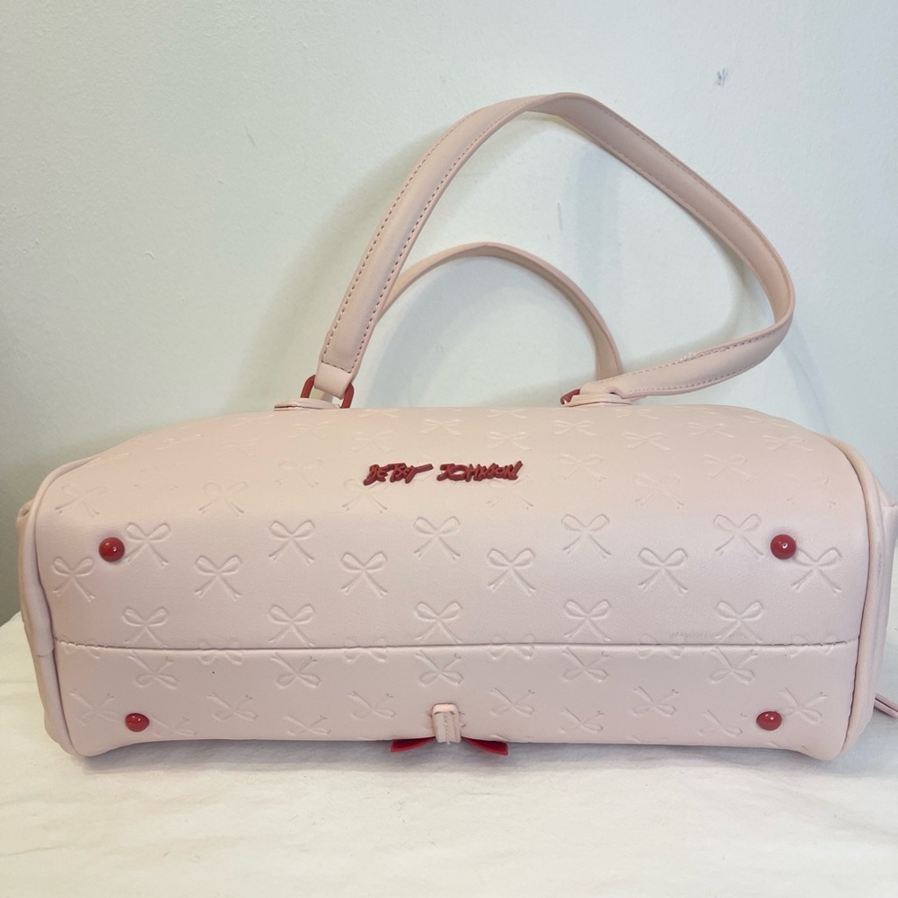 Betsey Johnson Pink Embossed Bow Satchel with Red Bows - Picture 4 of 11